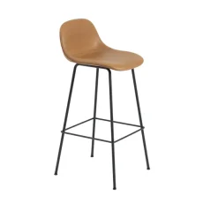 Tabouret De Bar Fiber Tube Noir + Dossier Cuir Cognac-Muuto New